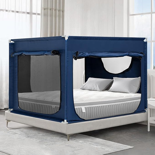 Full Bed Canopy Portable Blackout Bed Tent Privacy Tent for Adult Indoor Sleeping with 3 Doors, Storage Bag, Navy Blue