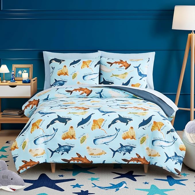 Full Comforter Set for Boys Kids - 7 Pieces Glow in The Dark Ocean Animals Full Size Bedding Sets for Kids, Ultra Soft Bed in A Bag with Sheets