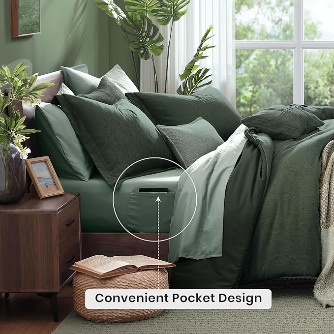 Monbix Super King Plus Size Comforter Set, Deep Forest Bedding Set Reversible, Comforter Set 7 Pieces, Cationic Dyeing Bed in a Bag with Comforter, Sheets, Pillowcases & Shams