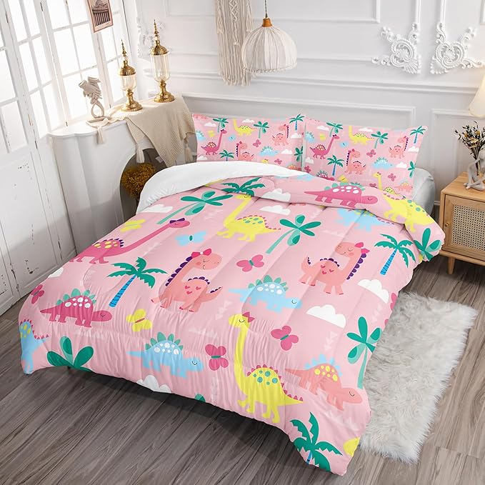 Axolotl Cute Dinosaur Comforter Set King,Colorful Dino Girls Bedding Set,Dinosaurs Animal Print Comforter,Botanical Palm Trees Bed,Butterfly Bedding for Kids Girls Teens,1 Quilt 2 Pillowcases,Pink