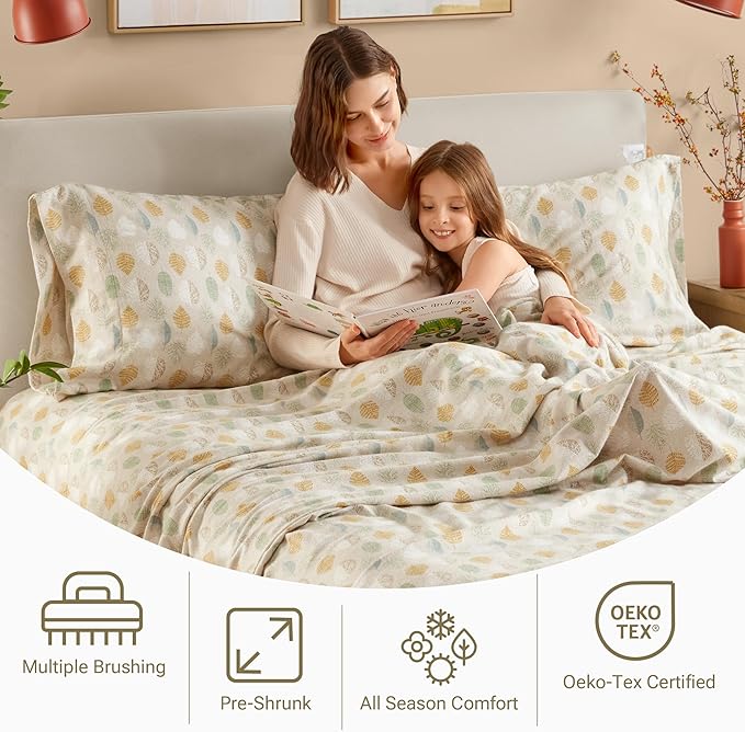 True North by Sleep Philosophy Cozy Flannel Warm 100% Cotton Sheet - Novelty Print Animals Stars Cute Ultra Soft Cold Weather Bedding Set, Twin, Multi Leaves 3 Piece