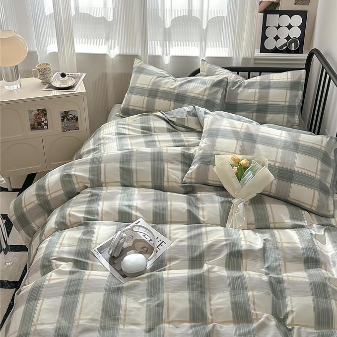 mixinni Full Size Buffalo Plaid Duvet Cover Set - 3 Piece Green White Geometric Bedding Set with Zipper Closure & Ties, 100% Washed Cotton Soft Breathable Duvet Cover for Men, Women, Teens (Full)
