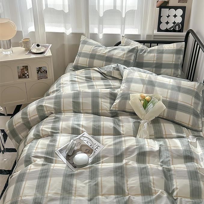 mixinni Green Grid Duvet Cover Set Queen - Vintage Buffalo Plaid Bedding Set-Green &Yellow&Beige, Soft Cotton Geometric Checkered Bedding Set with 2 Pillowcases for Boys, Girls, Teens