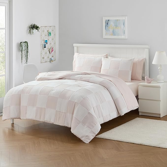 Kids Comforter Set Bedding Set Bed in a Bag for Boys and Girls Toddlers Printed Sheet Set and Comforter, Full, Chenille Checkered Blush Pink