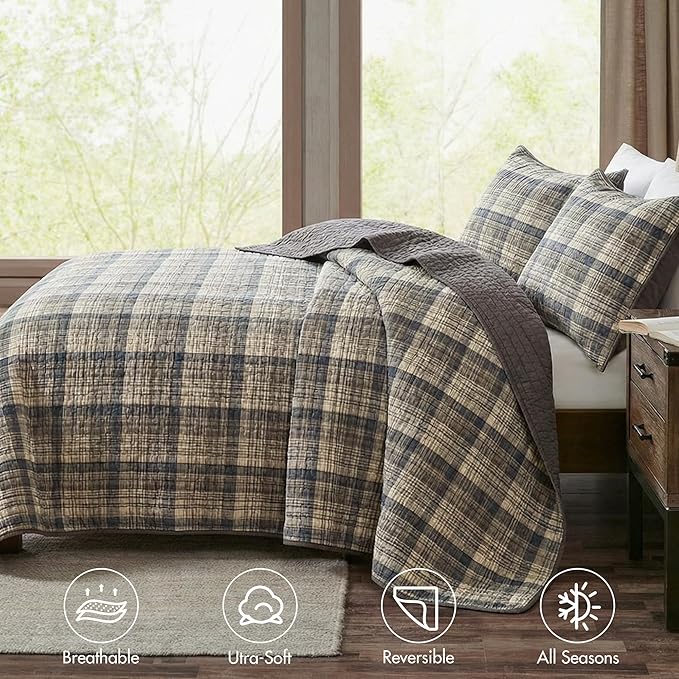 Woolrich Reversible Quilt Cabin Lifestyle Design - All Season, Breathable Coverlet Bedspread Bedding Set, Matching Shams, Oversized King/Cal King, Tasha Plaid Tan/Brown 3 Piece