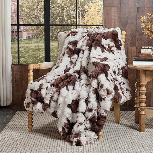 Lotus Karen Faux Fur Throw Blanket Cow Print-Dark Brown, Fluffy Fuzzy Plush Bubble Blanket for Couch, 60x50 Inches Cozy Shaggy Rabbit Blanket, Luxury Decorative Gifts for Sofa Bedroom Living Room.