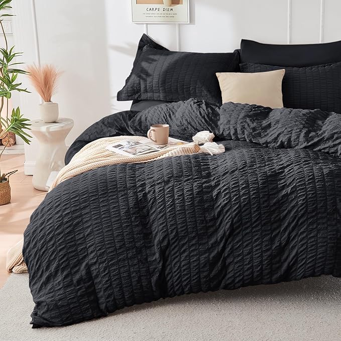 HYMOKEGE Black Twin Size Duvet Cover, Ultra Soft 2-Piece Seersucker Duvet Cover Set with Zipper Closure, Soft Brushed Microfiber Bedding Set with 8 Corner Ties (68"x90", 1 Pillowshams)
