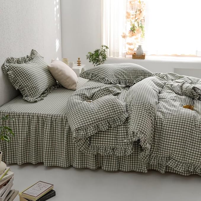 mixinni Green Gingham Ruffle Duvet Cover Full Size 3 Pieces – 100% Washed Cotton, Vintage Plaid Ruffled Bedding Set with Zipper Ties, Soft Checkered Grid Farmhouse Chic Comforter Cover Set