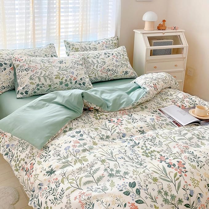 Lightweight Queen Duvet Cover Set Green Pink Floral Bedding Sets Queen Flower Branches Duvet Cover Set Aesthetic Boho Chic Premium Cotton Comforter Cover Set Girl 3 Pieces Queen Duvet Cover Set