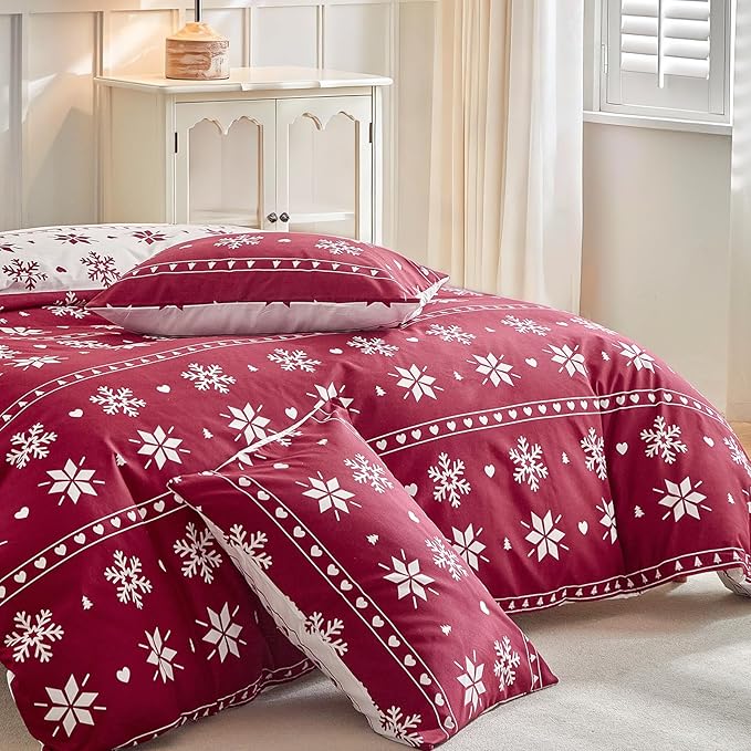 Lekesky Duvet Cover Queen Size,3 Pieces Reversible Duvet Cover Set with Snowflake Red Bedding Set with Zipper and 8 Corner Ties, 1 Duvet Cover 90x90 inches + 2 Pillowcases