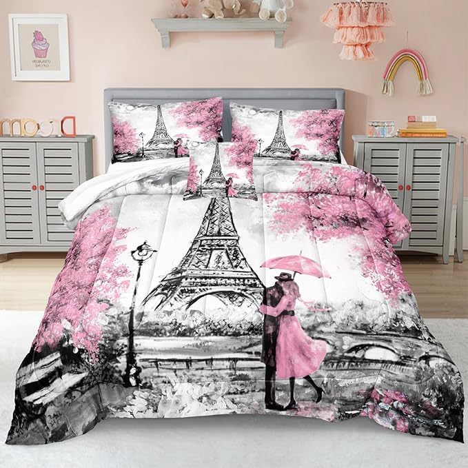 Bedbay Eiffel Tower Comforter Set Queen Size Paris Bedding - Romantic Couple Lovers Printed Girls Women Pink and Grey Soft Lightweight French Style Duvet Set