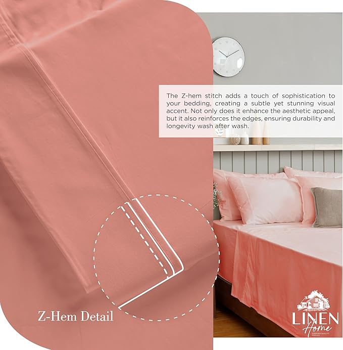 Linen Home 100% Cotton Percale Sheets Twin Size, Rose Clay, Deep Pocket, 3 Pieces Set - 1 Flat, 1 Deep Pocket Fitted Sheet and 1 Pillowcase, Crisp Cool and Strong Bed Linen
