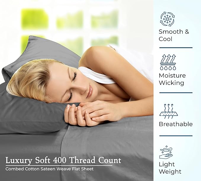400 Thread Count 100% American Grown Cotton Flat Sheet - Cooling Sheets - Queen Sheets - Luxury Sateen Weave - Queen Flat Sheet Sold Separately - Grey Flat Sheet Only (Queen, Spanish Slate)