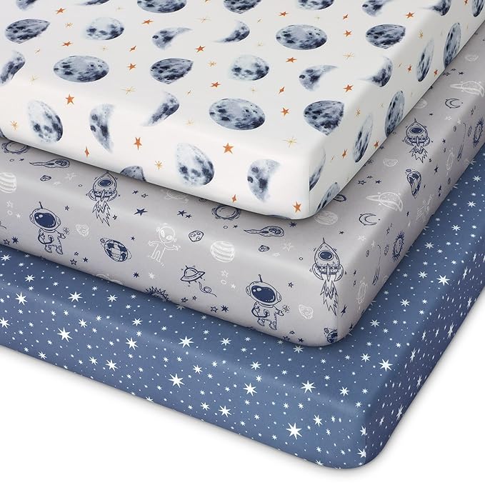 Pack and Play Sheets Fitted 3 Pack, Mini Crib Sheets for Pack N Play Mattress Stretchy Portable Playard Sheets, Soft Breathable Grey & Blue Moon