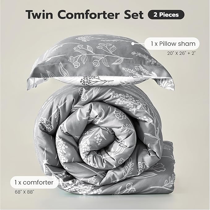 Joiedomi Twin Comforter Set Grey, 2 Pieces Floral Twin Bedding Set with 1 Soft Reversible Botanical Comforter and 1 Pillow Sham, Bed in a Bag for All Seasons