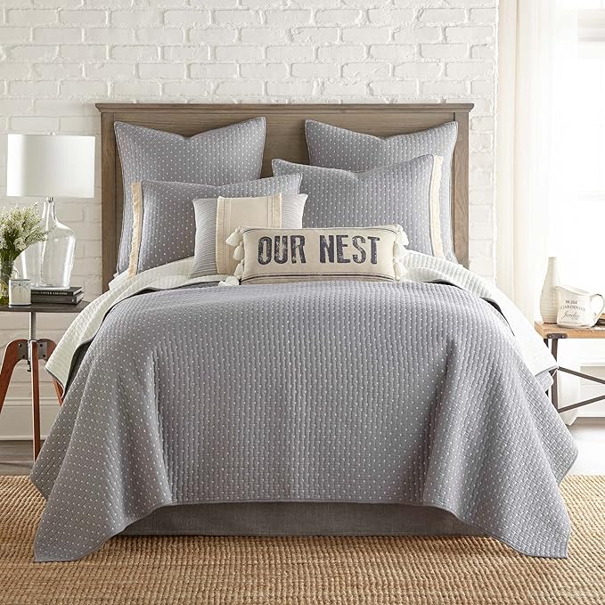Levtex Home Cross Stitch Reversible King/Cal King Quilt Set (106x92in) and 2 Pillow Shams (36x20in) - Stitch Texture - Grey White - Cotton King Size Quilt Bedding Set - Lightweight Soft Pre-Washed