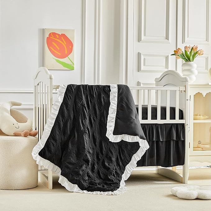 Ruffled Crib Bedding Set Baby Boho Quilted Comforter with Fitted Sheet and Bed Skirt - Cute Soft Breathable Seersucker Ruffled Shabby Chic Bedding Soft Blanket Design - Black