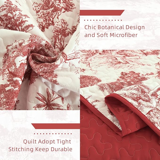 WONGS BEDDING Botanical Quilt Set Queen Size, Red 3 Pieces Floral Plants Printed Bedspread Bedding Set Christmas Soft Lightweight Microfiber Coverlet Set for All Season (96"x90")