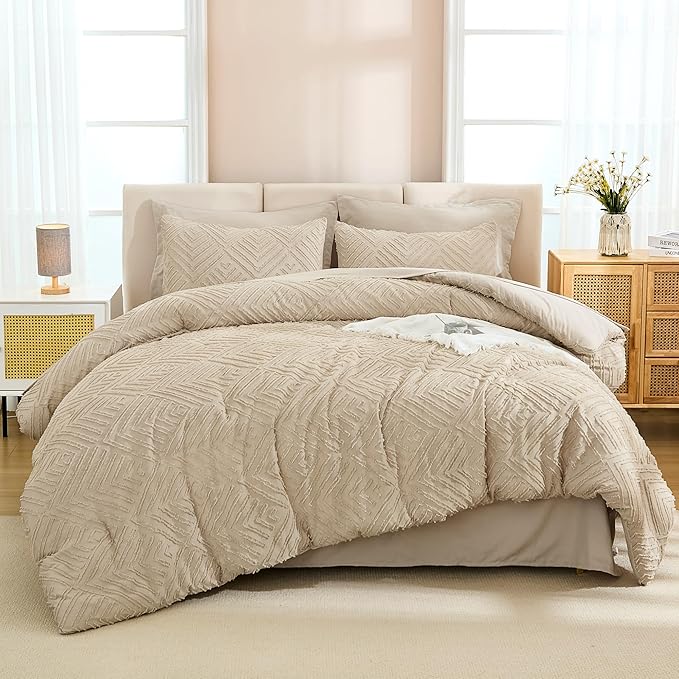 Andency Khaki Super King Plus Size Comforter Set with Sheets - 7 Pieces Bed in a Bag Boho Tufted Bedding Sets Fluffy Lightweight Oversized King Bed Set with Comforter, Sheets, Pillowcases & Shams