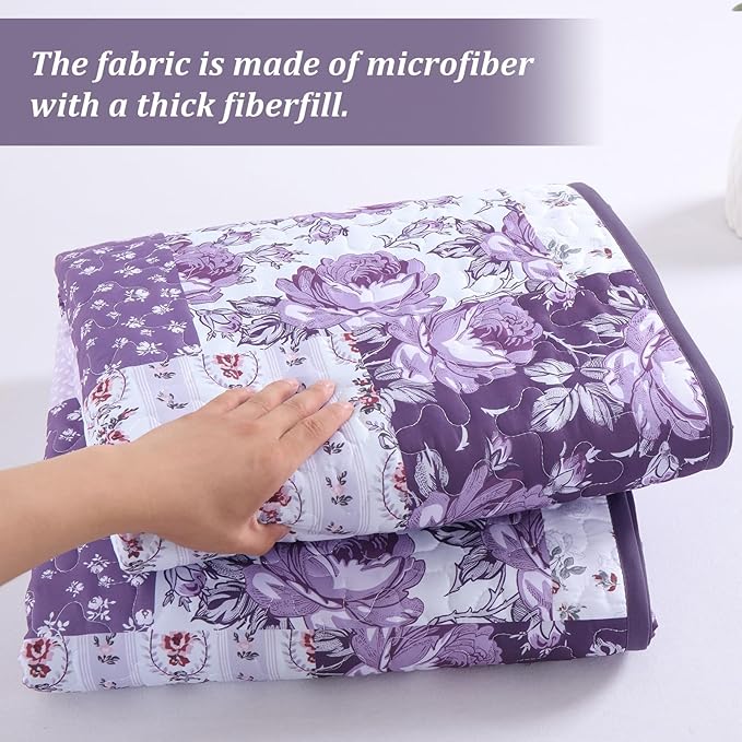 Purple Quilt Set King Size, Boho Floral Plaid Bedspread Coverlet Set, Patchwork Quilt Bedding Set, Farmhouse Soft Lighweight Bedspread Set for All Season