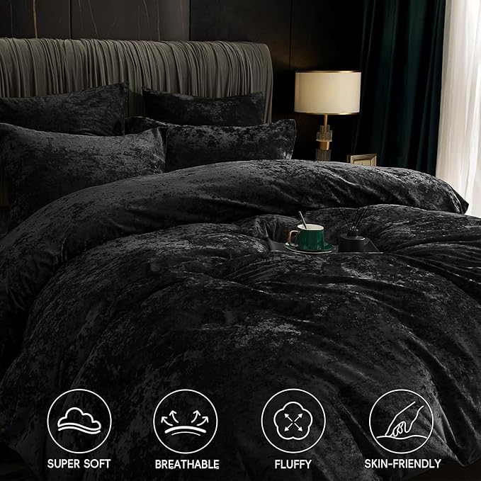 PHF Truly Velvet Duvet Cover Set California King Size, 3pcs Ultra Soft Breathable Comforter Cover Set, Luxury Cozy Flannel Duvet Cover with Pillow Shams Bedding Collection, 104" x 98", Black