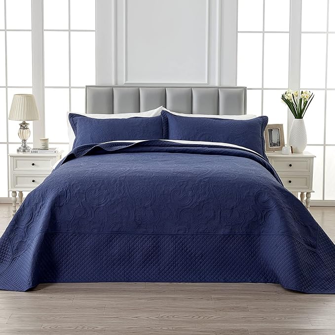 Qucover Oversized King Bedspreads, 3 Piece Soft Microfiber Lightweight Oversized King Quilt 128x120, Elegant Paisley Ultrasonic California King Bedspread Bedding Coverlets, Navy Blue