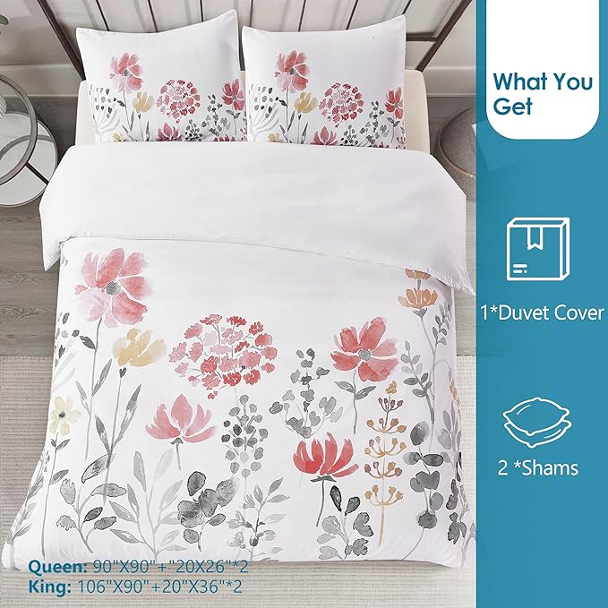 Style Quarters 3pcs Queen Size Microfibre Duvet Cover Set Summer Floral Duvet Cover Queen Include 1 Duvet Cover 90"x90" and 2 Pillowcases 20"x26"（Toile Garden）