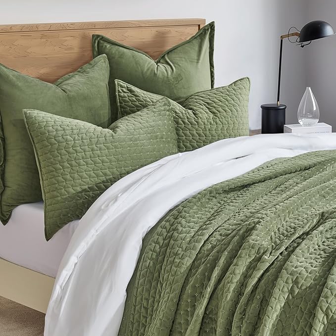 EVERGRACE Luxury Velvet Quilt Set Queen Size 3 Piece, Soft Cross-Stitch Velvet Comforter Set with Pillow Shams, Lightweight Coverlet Bedspread Bedding Set for All Seasons, Loden Green