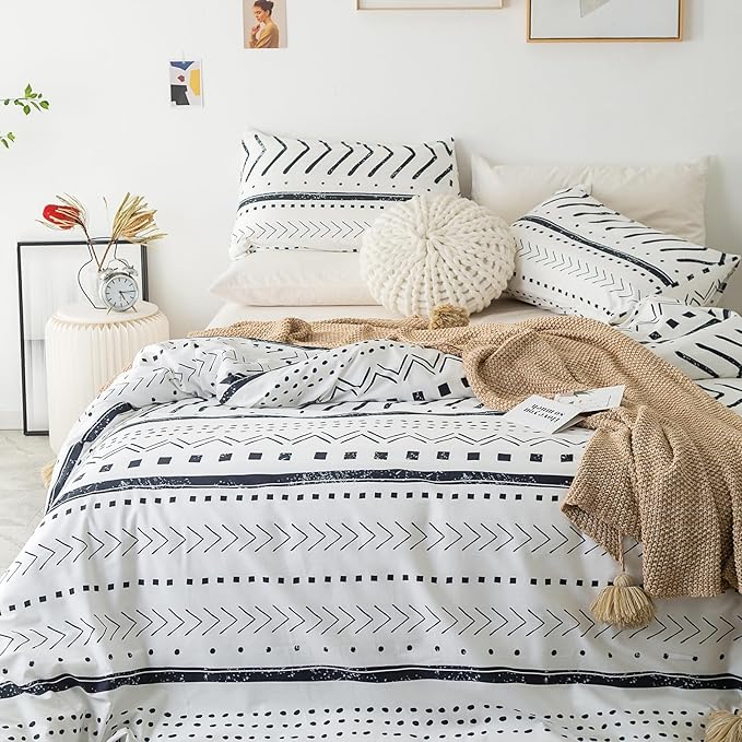 YuHeGuoJi Black White Boho Duvet Cover King 100% Cotton 3 Pcs Set 1 Modern Geometric Aztec Duvet Cover with Zipper Ties 2 Pillowcases Striped Arrow Polka Dots Print Bedding Set Soft