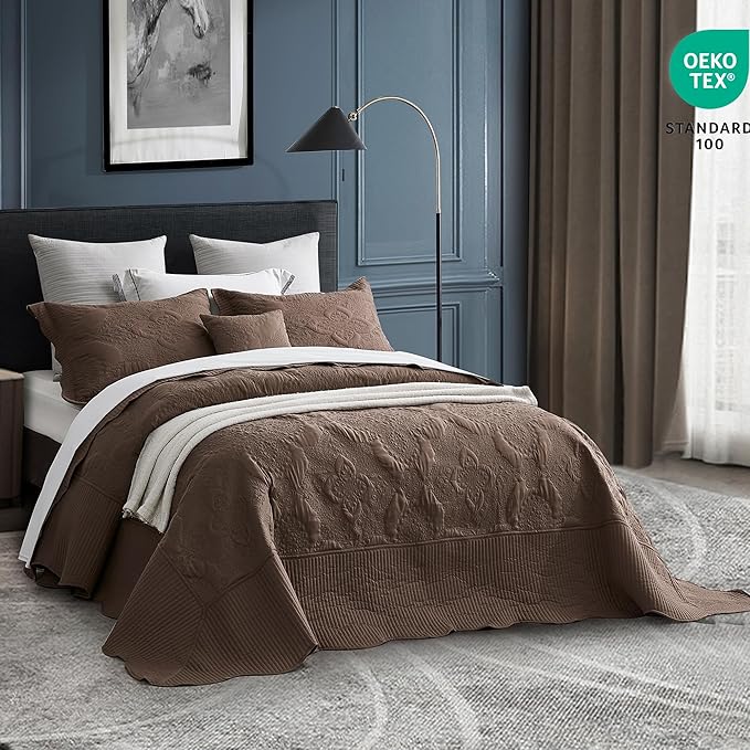 HZ & HY Oversized King Bedspread 128x120 Extra Wide, Quilted Coverlet Bedding Set, Lightweight Thin Comforter, Reversible, 5 Piece, 100% Microfiber, Mocha