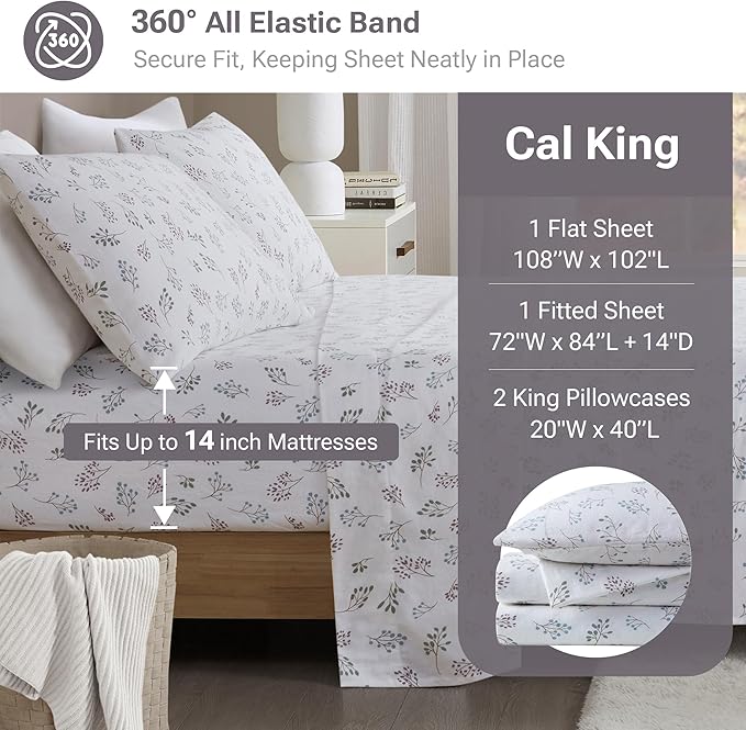 True North by Sleep Philosophy Flannel Sheets Cal King, Cozy 100% Cotton Flannel Bed Sheets, Ultra Soft Sheet Set, Novelty Print Themed Cold Weather Warm Bedding Set, White Tossed Botanical, 4 Piece