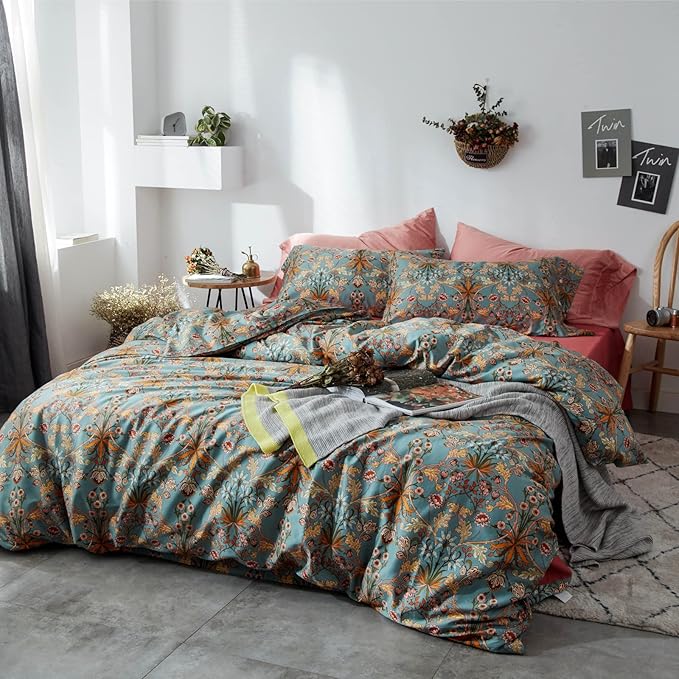 mixinni Vintage Style Garden Flower Duvet Cover Set with Zipper Closure Long Staple Percale Cotton Yellow Vibrant Pattern on Bedding Quilt Cover Set(King, All Season)