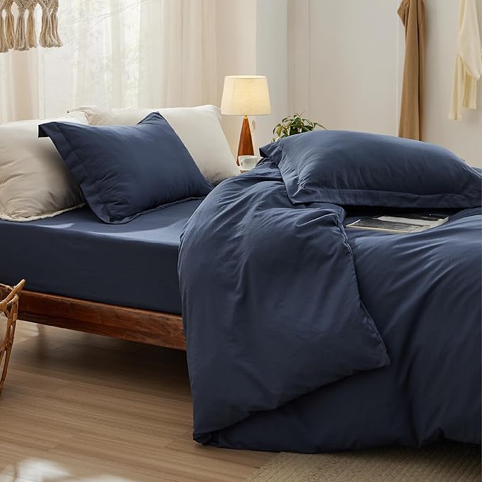 Bedsure Duvet Cover King Size with Fitted Sheet - 4 Pieces Prewashed Polyester Extra Soft Bedding Set, Includes 1 Duvet Cover 104x90 Inches with Zipper Closure, 2 Pillow Shams, 1 Fitted Sheet, Navy