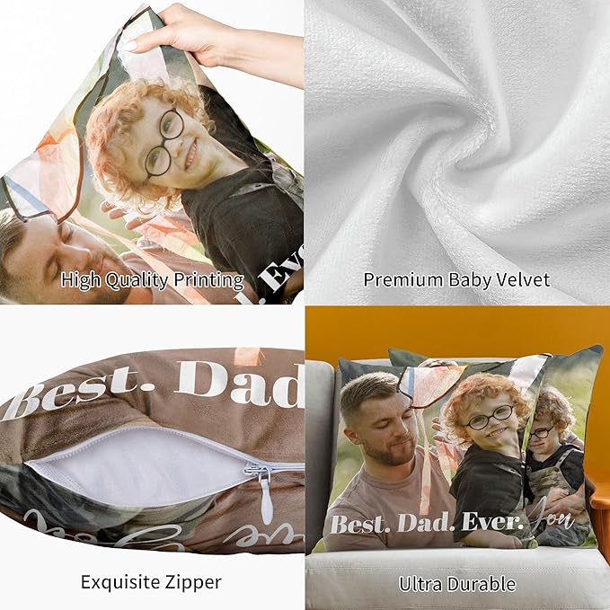 Easycosy Custom Pillow with Picture & Text, Two-Sides Velvet Customized Photo Pillowcase, 12"x12" Personalized Pillowcover with Photo, Custom Decor Love Gifts for Dad(Optional Pillow Insert)