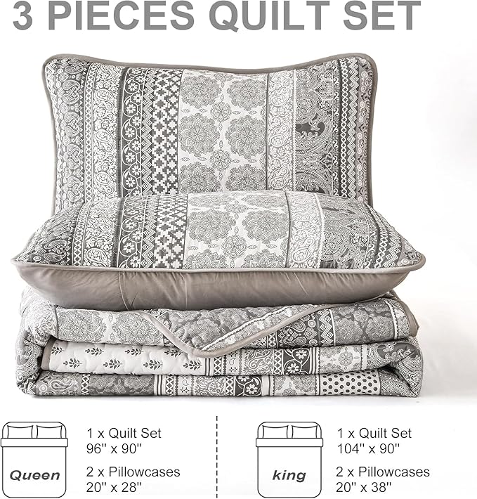 WONGS BEDDING Boho Quilt Set Full Size, Grey Bohemian 3 Pieces Quilt Sets, Lightweight Microfiber Bedspread Coverlet Bedding Set for All Season (78"x90")