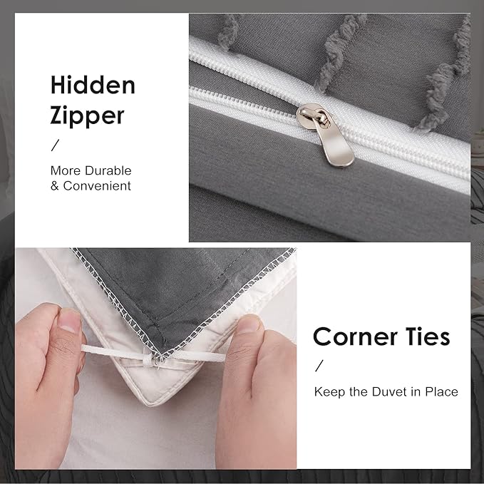 WARMDERN Gray Boho Duvet Cover Set, Striped Textured Tufted Bedding, Twin Size Washed Microfiber Duvet with Zipper Closure & Corner Ties