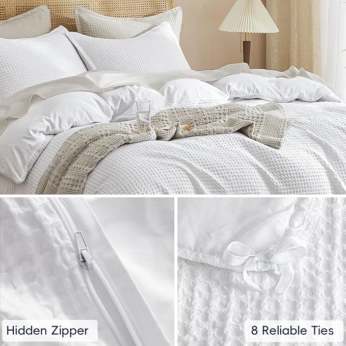 PHF Waffle Weave Duvet Cover Set King Size, No Snagging Ultra Soft Luxury Textured Breathable Comforter Cover for All Season 3pcs, Durable Bedding Duvet Set with 2 Pillow Shams, 104"x90", White