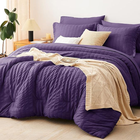 CozyLux Full Size Comforter Sets with Sheets 7 Pieces, Purple Seersucker Bed in a Bag Textured Luxury Soft Bedding Set with Down Alternative Comforter, Sheets, Pillowcases & Shams for All Seasons