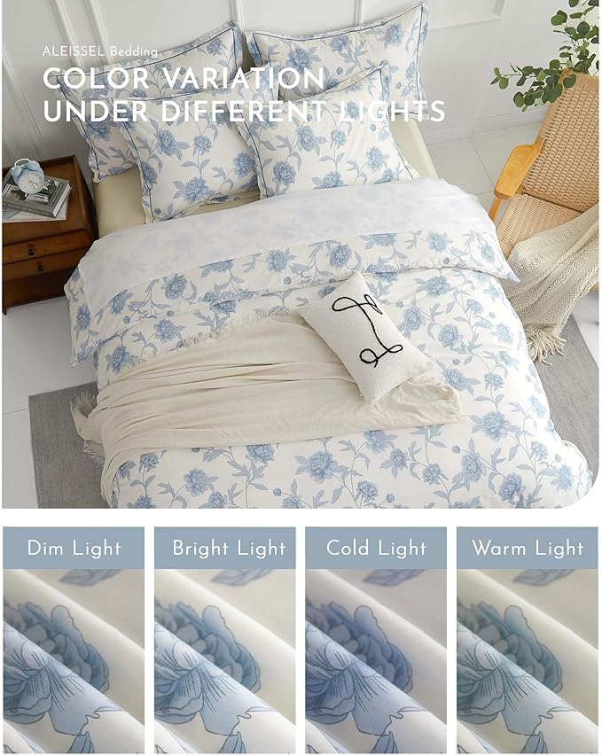 Elegant 100% Cotton Duvet Cover Queen Size - Soft Blue Peony Flowers on White, Vintage Bedding Set 3Pcs with Button Closure, 1 Duvet Cover 90"x90" and 2 Pillow Shams 20"x26"