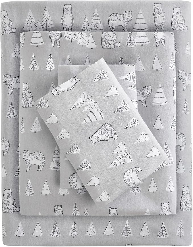 True North by Sleep Philosophy Cozy Flannel Warm 100% Cotton Sheet - Novelty Print Animals Stars Cute Ultra Soft Cold Weather Bedding Set, Twin XL, Bear 3 Piece