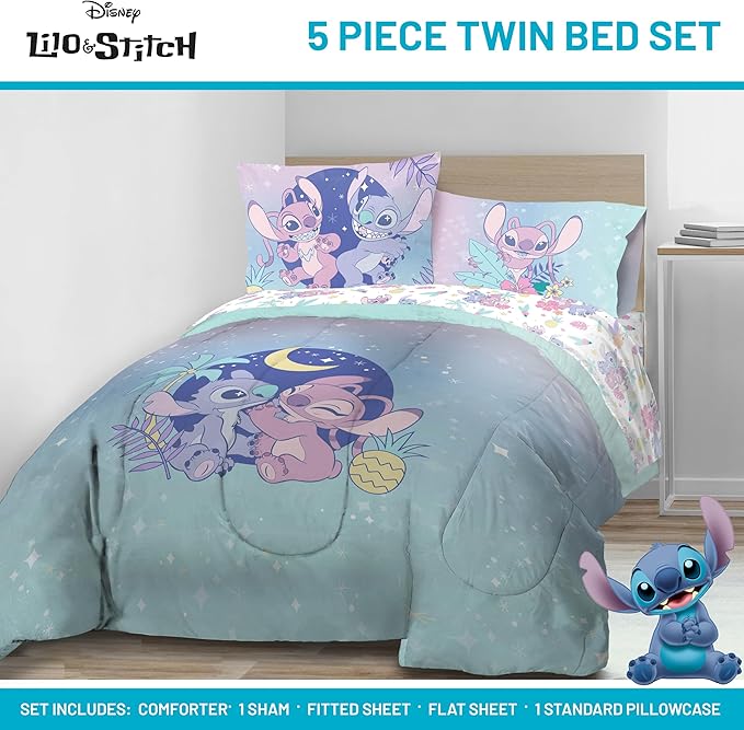 Jay Franco Disney Lilo and Stitch Twin Size Comforter Set - 5 Piece Floral Bedding Includes Sheet Set & Pillow Covers Features Angel - Super Soft Purple & Teal Stars Kids Bedding