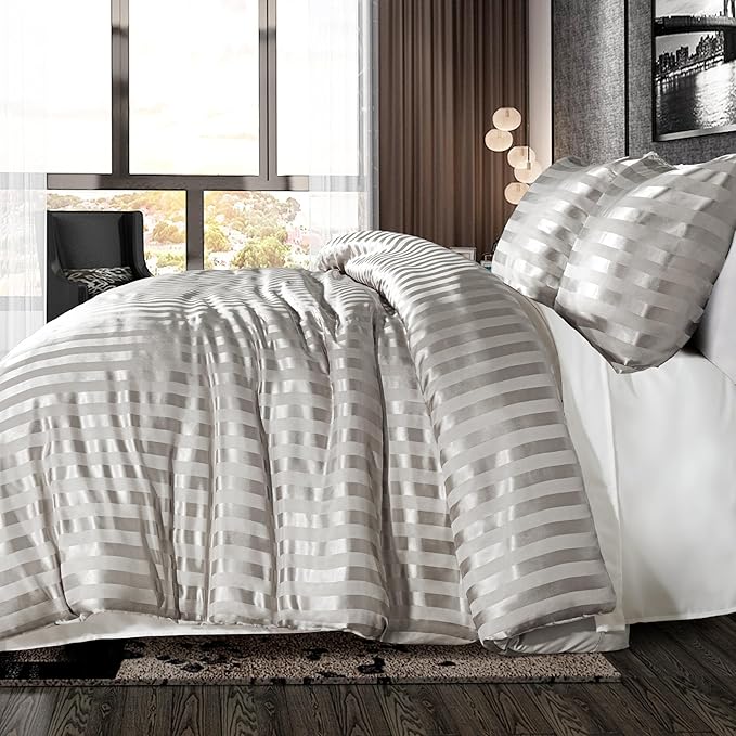 Whale Flotilla 3-Piece Reversible Silky Soft Queen Comforter Set, Luxury Stripe Satin Comforters Full Size Bedding Set with 2 Satin Pillowcases, Lightweight Duvet for All Seasons, Grey