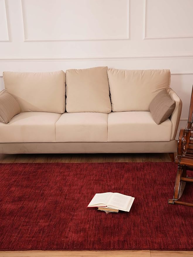 Rugsotic Carpets Hand Knotted Loom Wool ECO-Friendly Area Rugs - 6'7''x9'10'', Rectangle, Red Color, Solid Plain Design, High Pile Handmade Anti Skid Area Rugs for Living Room, Bed Room (L00111)