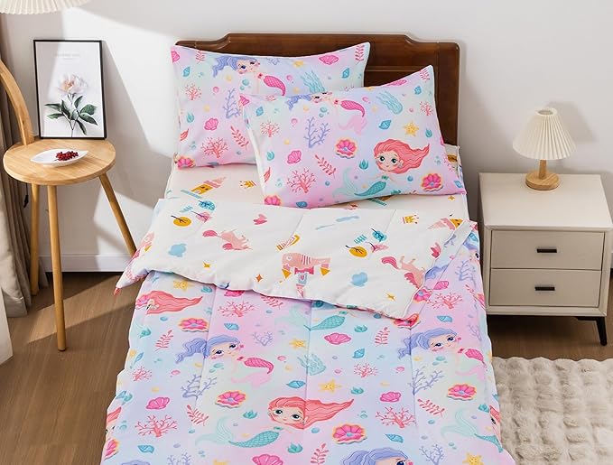 Meeting Story 3pcs Zipper Bedding Set for Girls, Full Kid Mermaid Zip up Comforter Rainbow Bedding for Kid（Pink Yellow,Full）