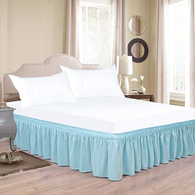 Wrap Around Bed Skirts Elastic Dust Ruffles, Easy Fit Wrinkle and Fade Resistant Silky Microfiber Fabric Solid Color Bedskirt, 12 Inch Tailored Drop Light Blue for King Size Bed Skirt