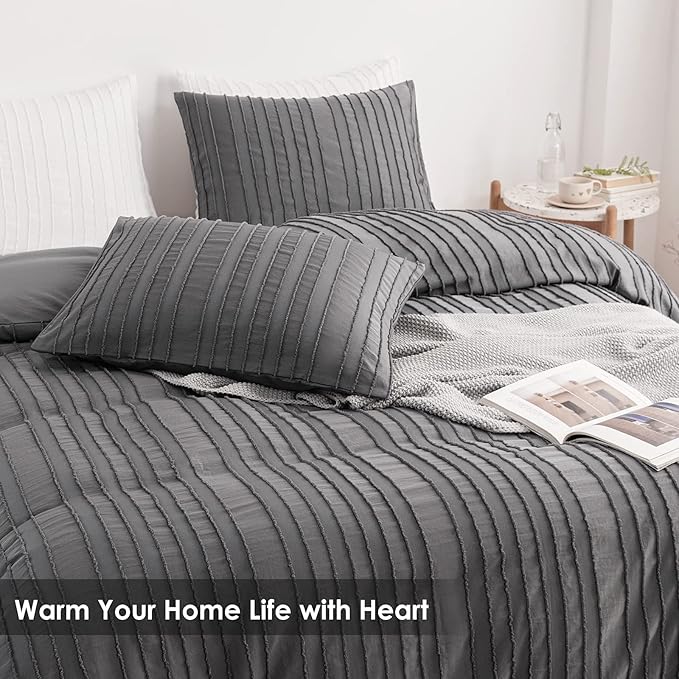 WARMDERN Gray Boho Duvet Cover Set King Size, Striped Textured Duvet Cover Tufted Bedding Set, 3 Pcs Ultra Soft Washed Microfiber Duvet Cover with Zipper Closure (King, Gray)