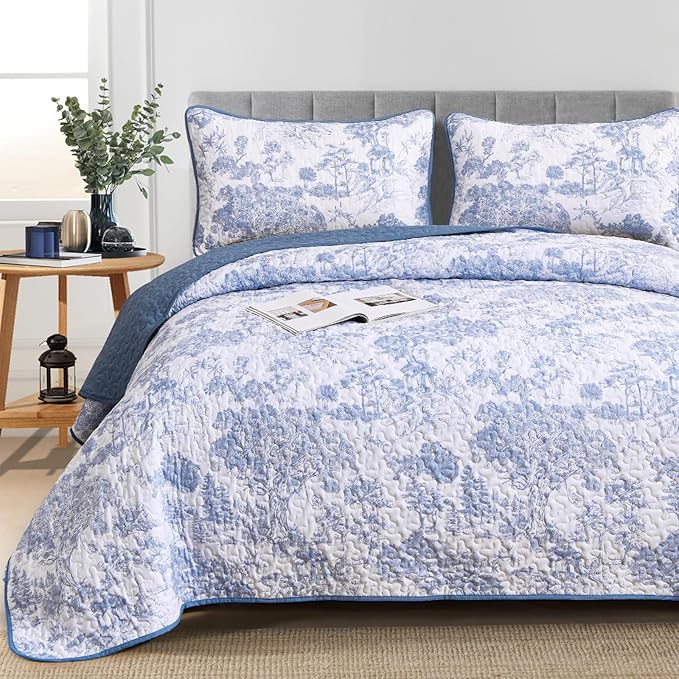 WONGS BEDDING Blue Quilt Set Twin Size, 2 Pieces Botanical Bedspreads Set Lightweight Microfiber Blue Toile Plants Pattern Coverlet Home Decor for All Seasons(86"×68")
