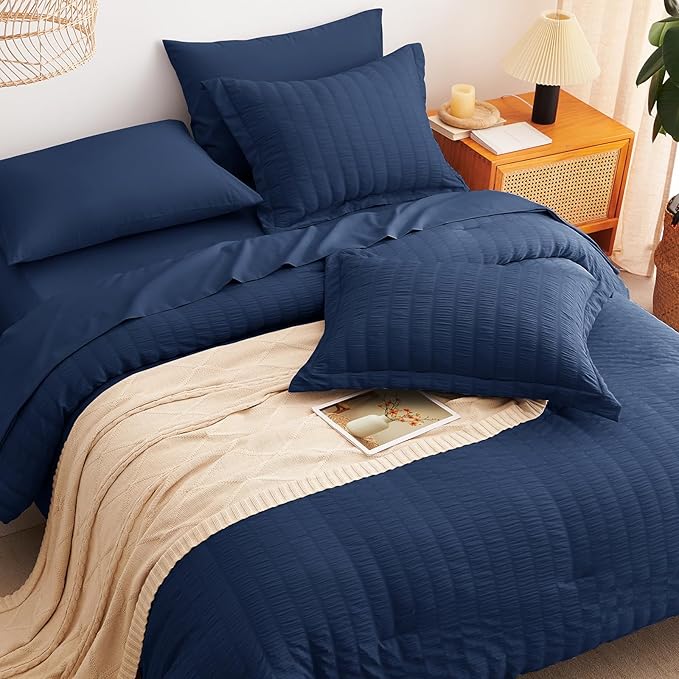 CozyLux Oversized King Comforter Set Navy Blue Seersucker 7 Pieces Bed in a Bag King Comforter Set with Sheets, Luxury Soft Bedding Set with Down Alternative Comforter, Sheets, Pillowcases & Shams