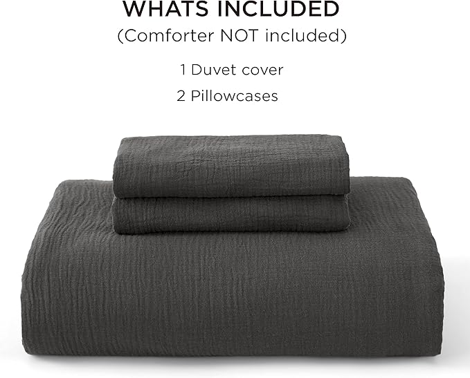 Bedsure 100% Muslin Cotton Duvet Cover King Size - Ultra-Soft, Breathable & Lightweight - Linen Like Gauze Comforter Cover Set with Button Closure and Corner Ties (Dark Grey, King, 104"x90")
