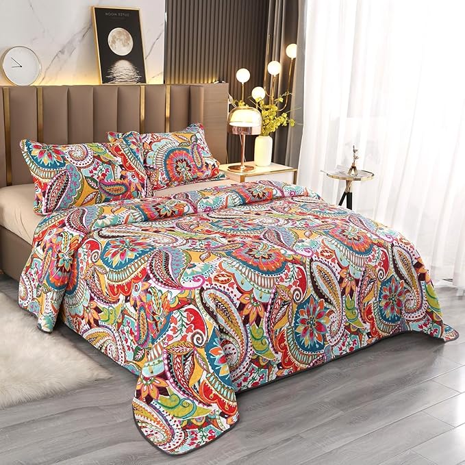 Qucover California King Quilt, Cotton Boho Paisley Quilt, 3 Piece Lightweight Oversized King Bedspread with Pillow Shams, Lightweight Colorful Bedding Comforter Sets, 118x106
